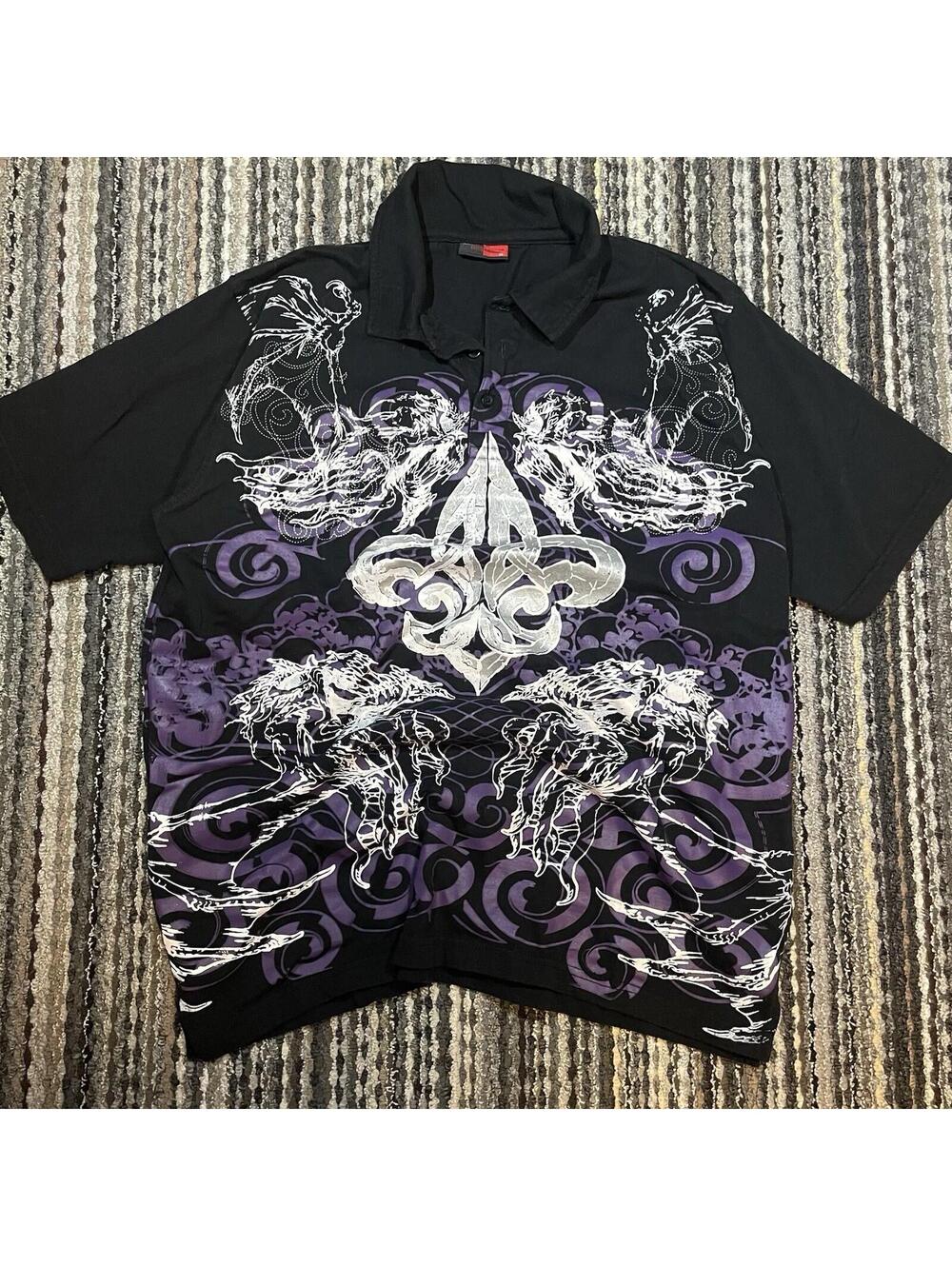 Y2K Affliction Style Purple Gothic "INFRINGEMENT" Short Sleeve Polo Shirt Sz XL